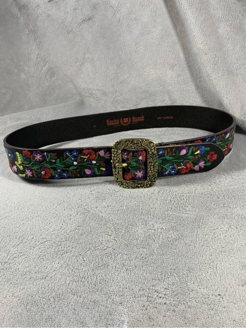 Lucky Brand Embroidered Floral Leather Belt — Black with Multicolor Flowers